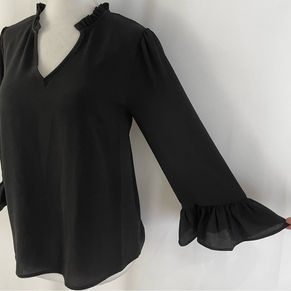 New CeCe Ruffle Cuff 3/4 Sleeve V-Neck Crepe Blouse Rich Black Size XS - Picture 8 of 16